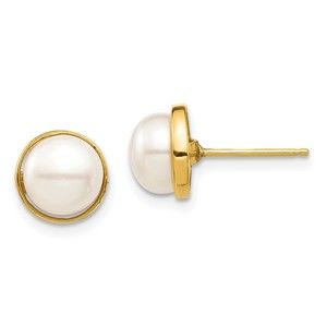 14k Yellow Gold Childrens 7-8mm White Button FWC Pearl Post Earrings